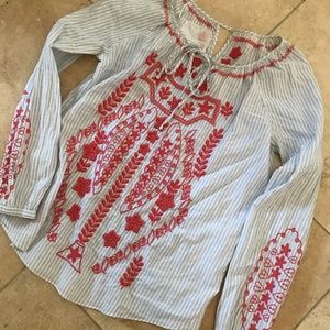 JOHNNY WAS boho stripe coral embroidered tunic